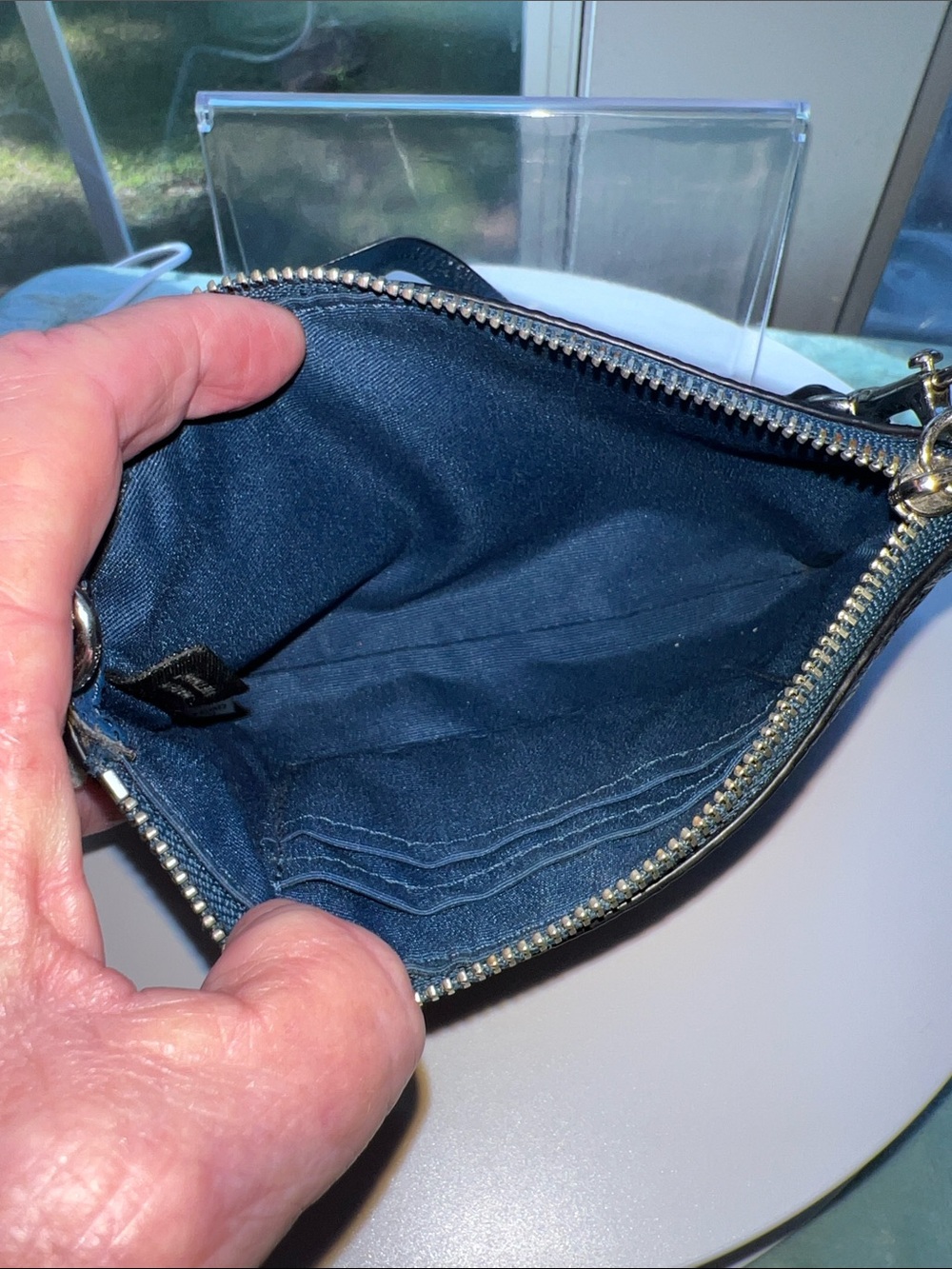 Coach Blue Pebbled Leather Wristlet with Cream Shearling Trim - Picture 7 of 10